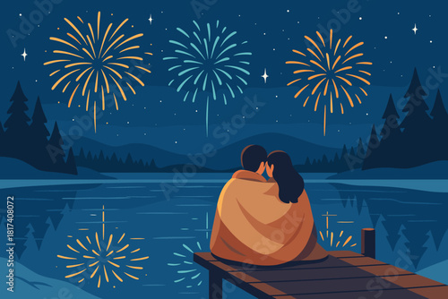 Blanket couple pier serenade illustration lake year blending stillness love new vector