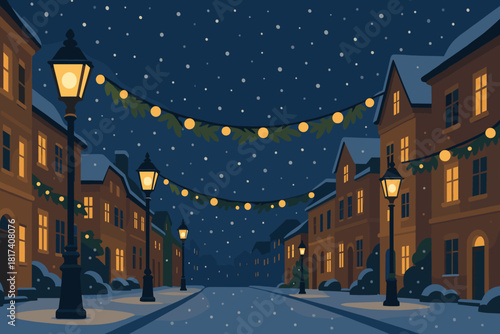 Glowing eve new lampposts illustration peaceful begins moment vector before street tranquil