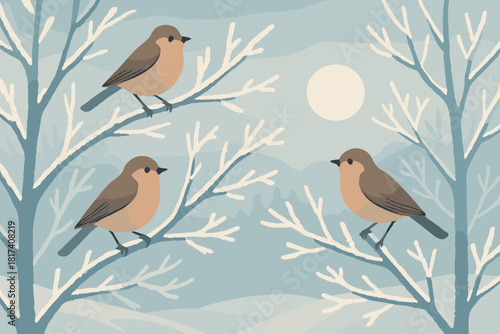 Beauty illustration birds vector pale resting winter peaceful frozen composition frosty sun