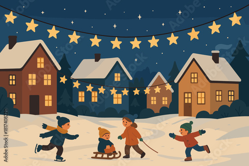 Starry snowy garlands village celebration vector charming stars children festive illustration peaceful