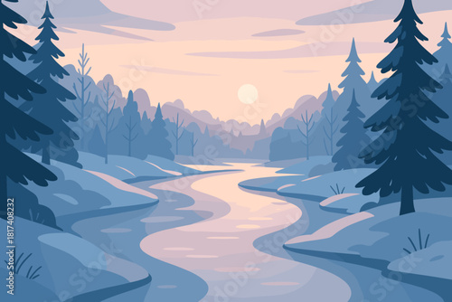 River serene shimmering cold soft air surface winding winter vector illustration through