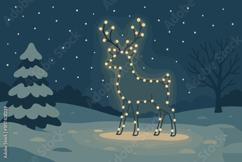 Silhouette under vector glowing outlined imagination illustration yard sky reindeer scene tiny