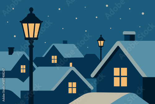 Illustration contrast winter evening warm rooftops serenity vector windows snowy composition crisp