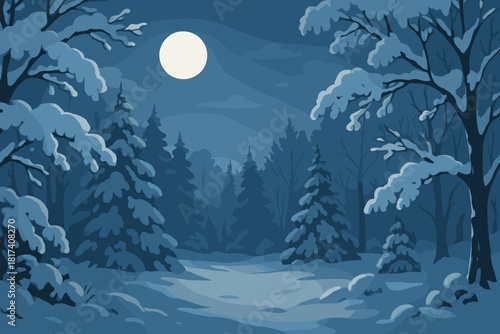 Vector moonlight expressing branches snow clearing illustration moonlit winter calm silver blue