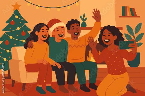 Gathering friends unity interior harmonizing living spirit illustration vector together taking festive