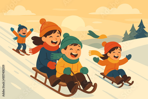 Hats illustration sledding hill behind sunset snowy vector colorful filling children delight