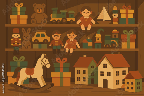 Gentle cozy lighting touch vector santa dollhouses s boxes shelves rocking illustration