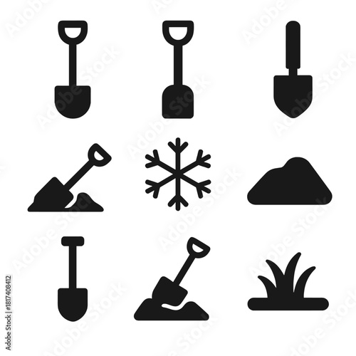 Shovel icons set: minimalist designs for snow, sand, and gardening
