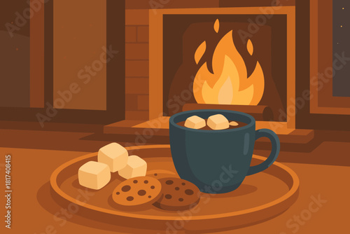 Evening reflecting golden cookies hot cozy marshmallows glowing winter illustration vector cocoa