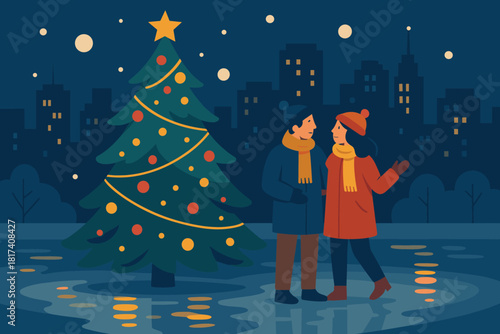 Season reflections holiday romance near joy illustration night vector skyline capturing warmth