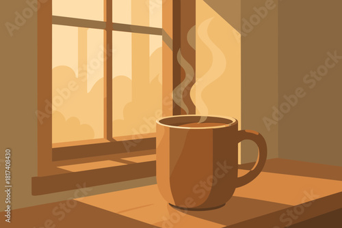 Morning bliss cocoa mug window illustration calm balanced focus vector steam through