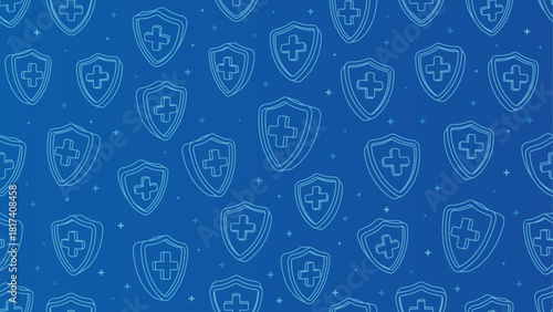 Blue shields with crosses form seamless protection pattern. 3D isometric outlines modern medical background. Design suits healthcare and insurance topics.