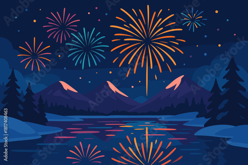 Over winter bursting mountains vector colors fireworks frozen reflections painting renewal illustration
