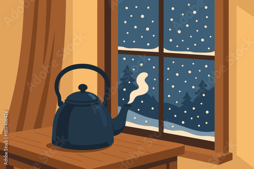 Illustration steaming cool winter inside outside tones tea vector light calm quiet