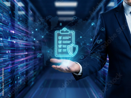 Global data protection and IT policy compliance. Businessman holding a futuristic checklist and shield hologram