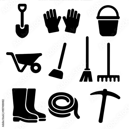 Garden tools silhouette set: shovel, gloves, bucket, wheelbarrow, boots, hose, axe
