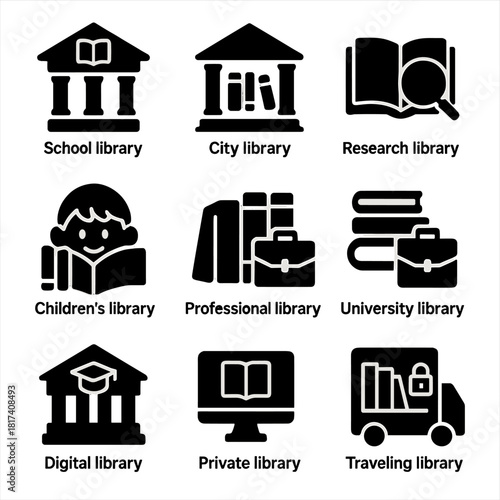 Diversity of libraries: from city to digital and children's library icons