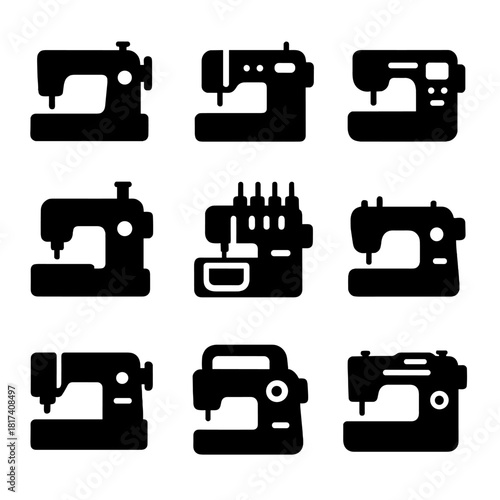 Silhouette icons of nine vintage sewing machines on gradient background