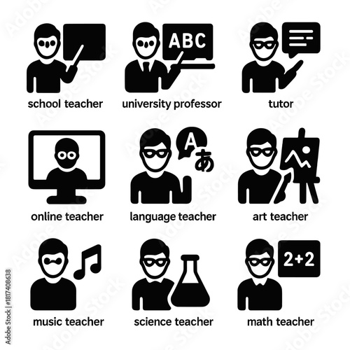 Diverse teacher icons: education symbols for online and offline learning