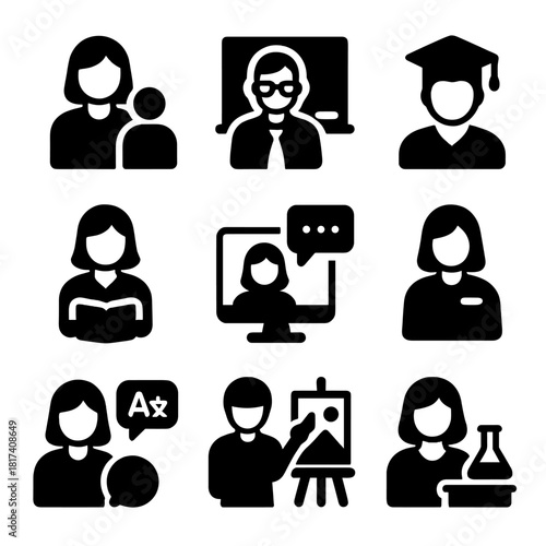 Education icons: teacher, student, virtual learning, graduation, language, science