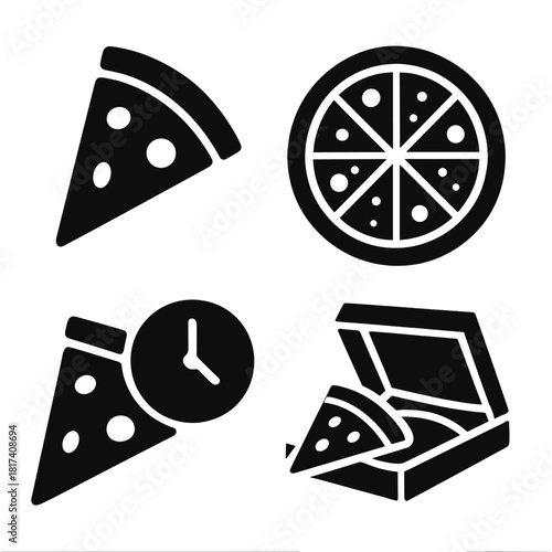 Pizza icons: slices, clock, box, and whole pizza on gradient background