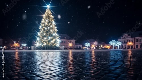 Snowfall over glowing Christmas tree branches in peaceful winter night