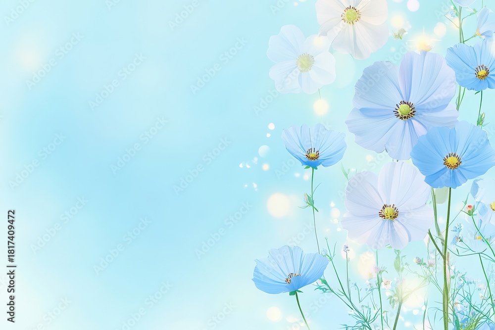 Fototapeta premium Soft watercolor illustration of delicate blue and white flowers with dreamy background and copy space