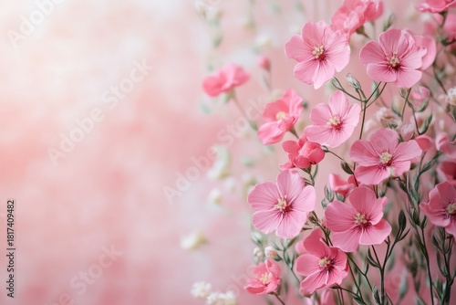 Delicate pink flowers arranged beautifully against a soft pink background with copy space