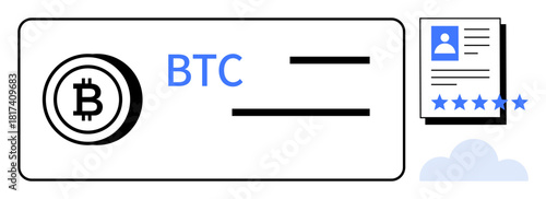 Bitcoin payment icon alongside a user profile with star rating, representing cryptocurrency transactions and digital identification. Ideal for fintech, blockchain, e-commerce, identity verification
