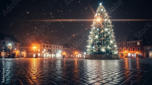 Snowy night scene with glowing Christmas tree reflections on frozen lake