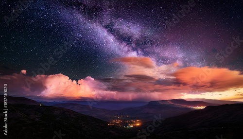 Wallpaper Mural A Dark Starry Night Sky With Pink And Orange Clouds Over A Dark Landscape Torontodigital.ca