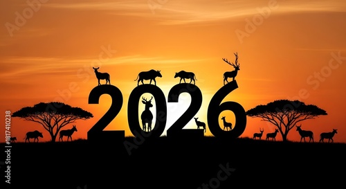 African wildlife silhouettes celebrate the new year 2026 at sunset