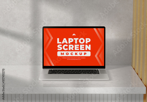 Laptop Screen Mockup on a Desk with Dramatic Sunlight and Harsh Shadow
