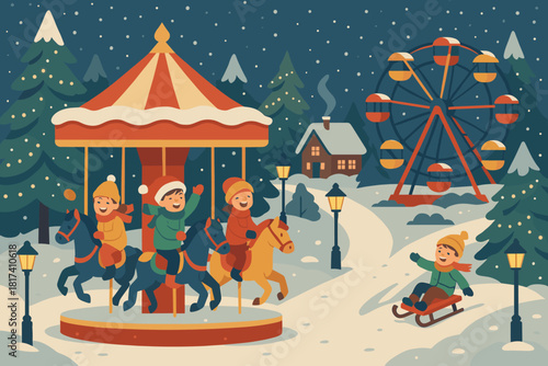 Fun lanterns festival illustration along vector winter trees rides decorated festive gently