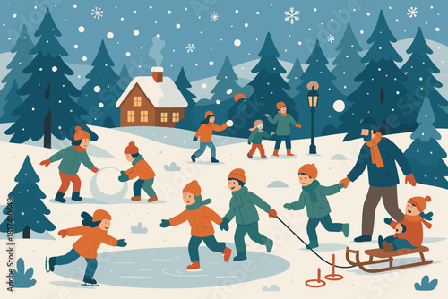 Winter snowflakes vector trees park glowing fun cottages activities illustration enjoying festival