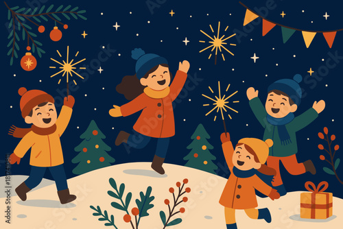 Flat holding sparkling hill festive illustration vector winter stars wonder joyful sparklers