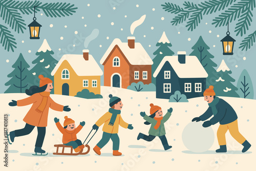 Lanterns scene playing winter pine near village magical activities vector illustration fun