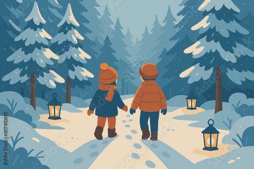 Winter illustration creating trees forest glowing walking path dusted children stroll snow