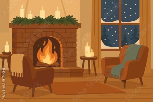 Cozy through roaring mantel wooden illustration living inviting vector snow winter