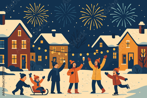 Illustration playing winter vector fireworks street string neighborhood new rooftops celebrating year