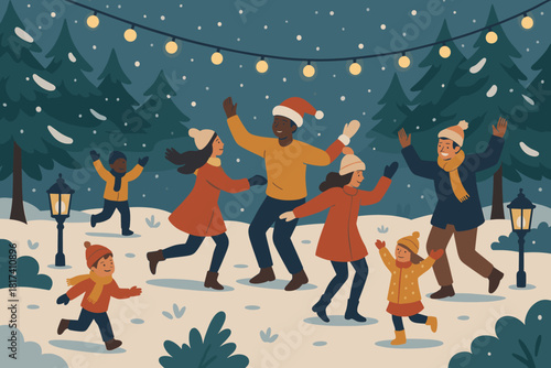 Celebration children trees lights lanterns winter garden vector illustration adults joyful