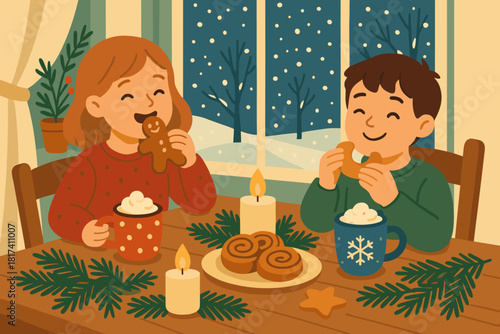 Candles vector cheerful branches festive holiday illustration breakfast cocoa winter outside table