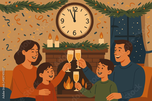 Midnight festive family garlands raising pine vector glasses clock illustration year new