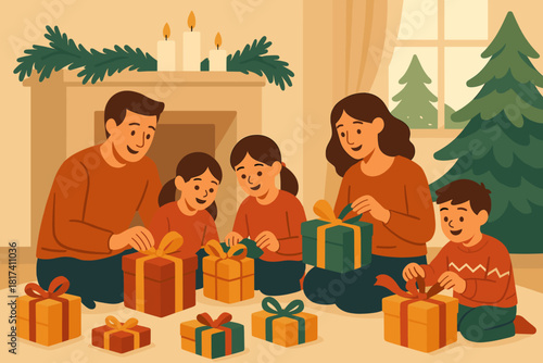 Soft gathering gift floor through pine gifts sunlight vector family together mantel