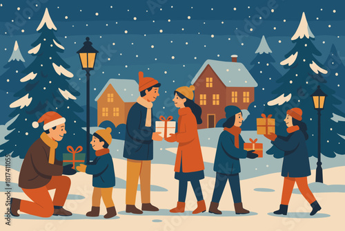 Pine exchange gift soft glowing festive family falling dusted illustration vector exchanging