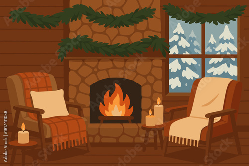 Cabin cozy pillows visible retreat window vector winter fireplace blankets illustration