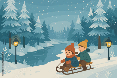 Dusted forest vector snowflakes drifting illustration glowing frosty surrounded sledding winter frost