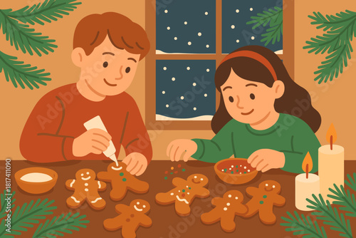 Outside window cheerful decorating falling vector illustration candles cookie festive nearby scene