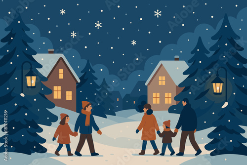 Children streets quietly peaceful illustration winter village through trees vector drifting stroll