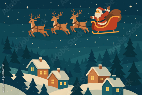Magical illustration scene pine soft vector santa starry village night s